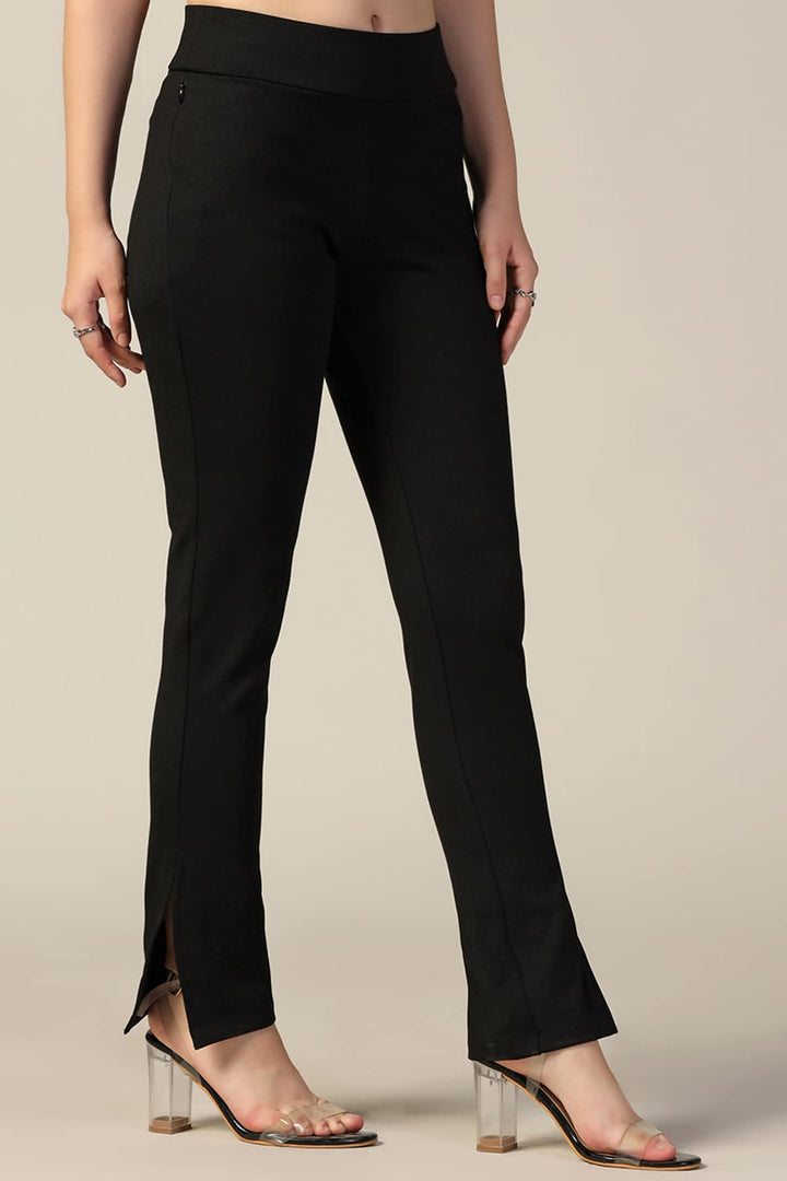 Black Solid Side Slit Pants