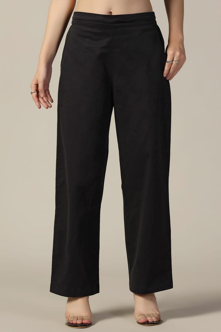Black Solid Cotton Lycra Pants