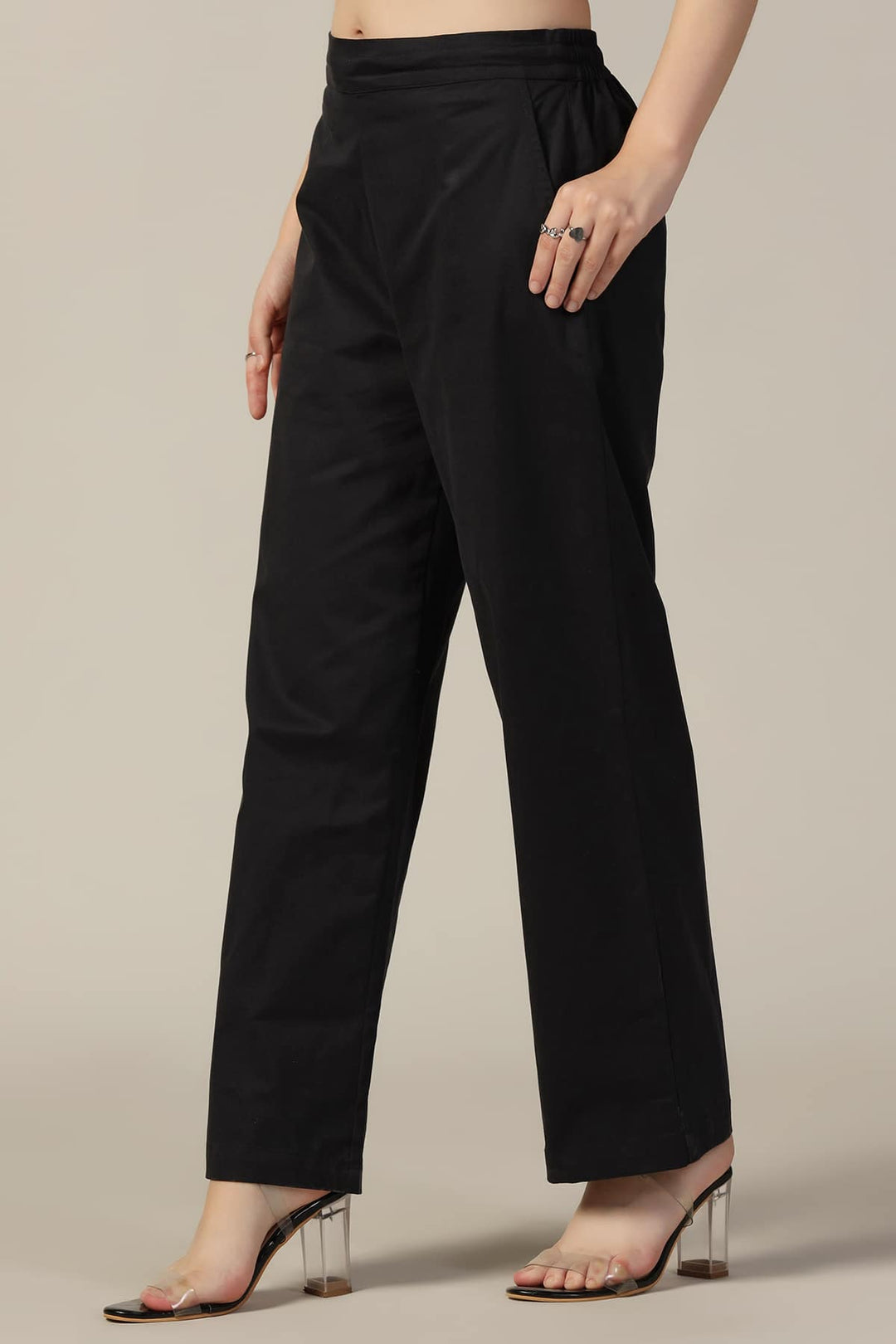 Black Solid Cotton Lycra Pants