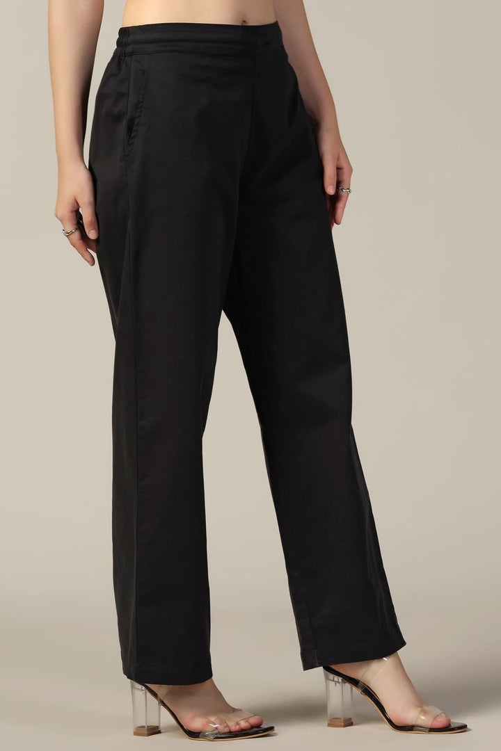 Black Solid Cotton Lycra Pants