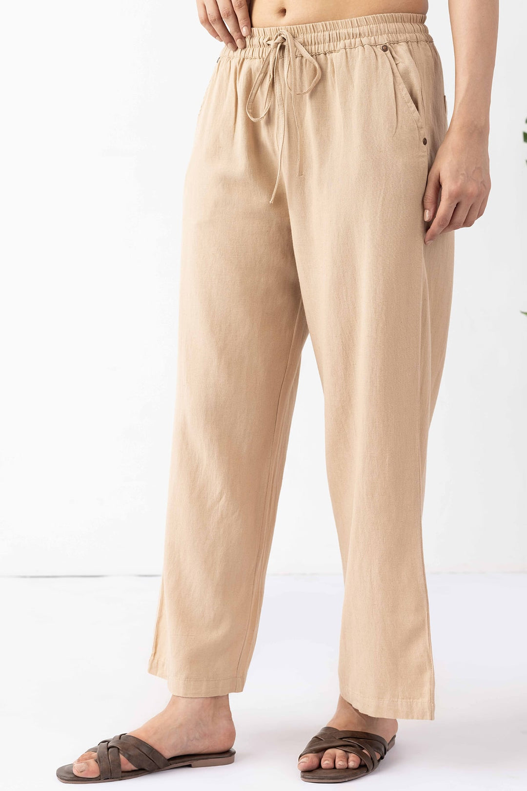 Beige Solid Linen Trouser with Regular Fit