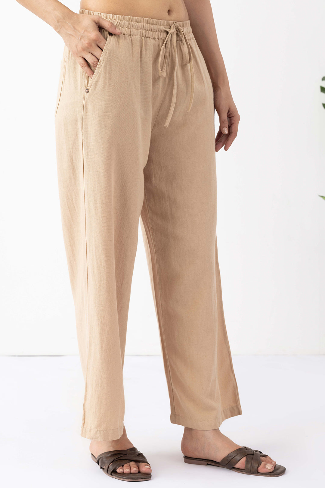 Beige Solid Linen Trouser with Regular Fit
