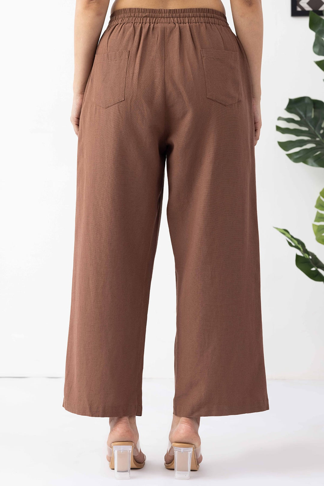Brown Solid Linen Trouser with Regular Fit