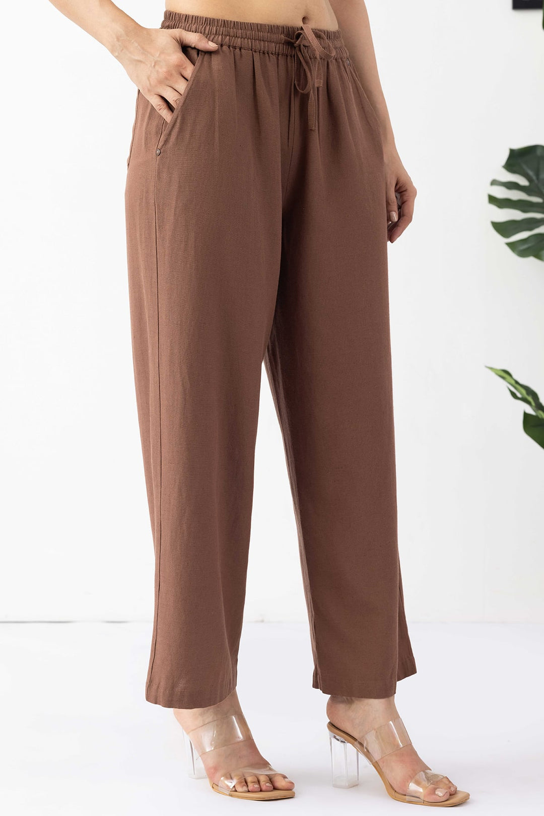 Brown Solid Linen Trouser with Regular Fit