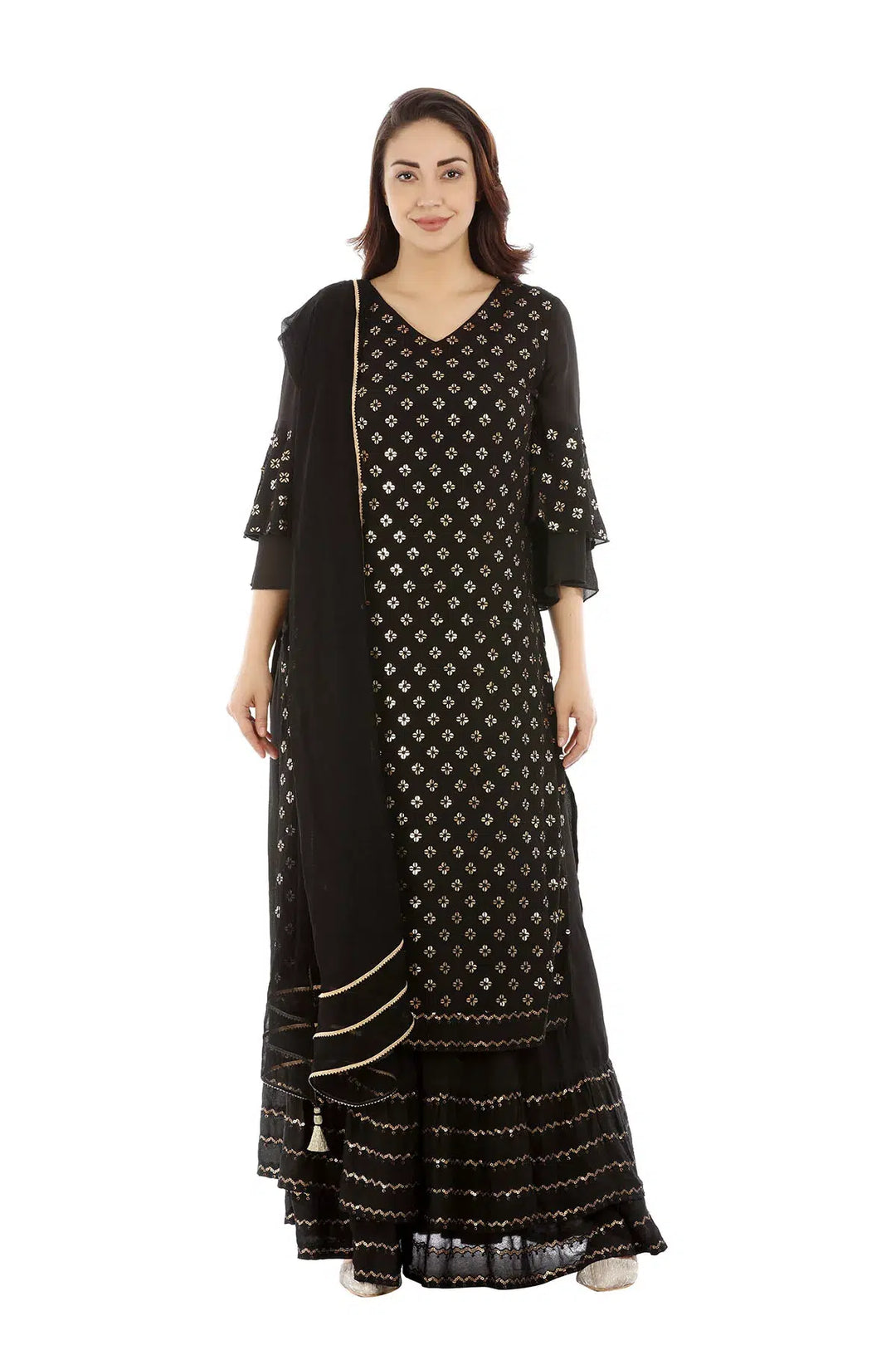 Black Viscose Georgette Solid Ensemble Skirt