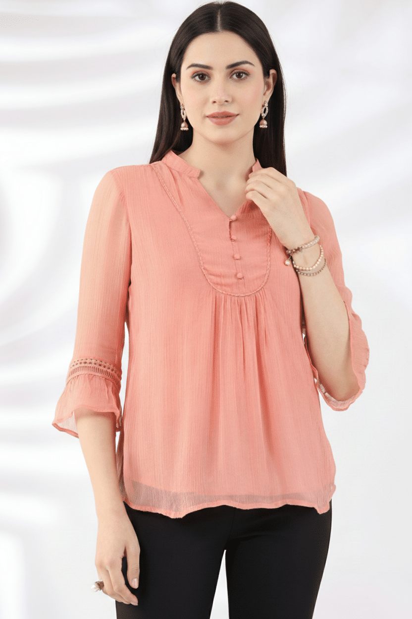 Peach Solid Viscose Casual Top with Mandarin Collar
