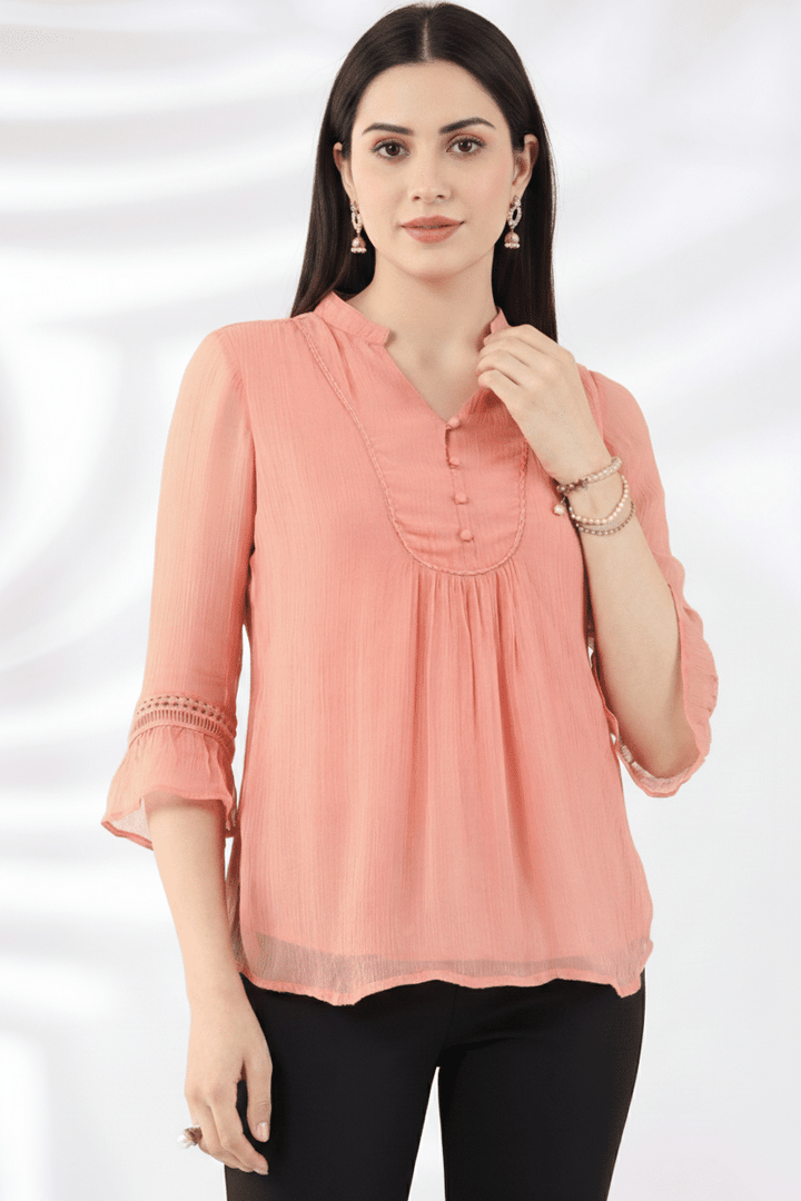 Peach Solid Viscose Casual Top with Mandarin Collar