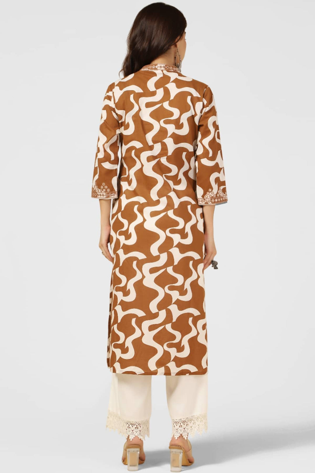 Brown &amp; White Embroidered Mandarin Collar Kurti