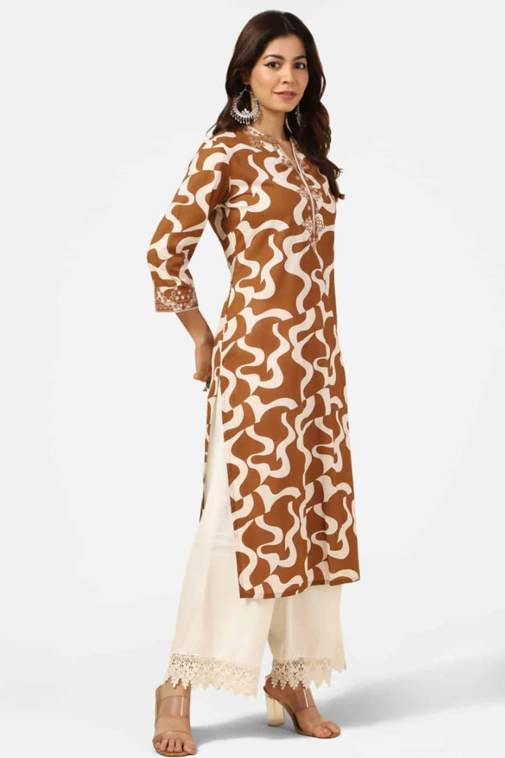 Brown &amp; White Embroidered Mandarin Collar Kurti