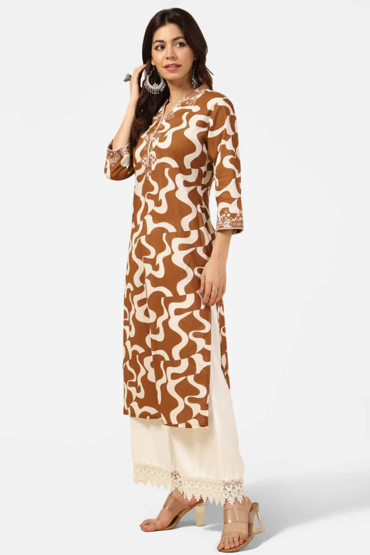 Brown &amp; White Embroidered Mandarin Collar Kurti