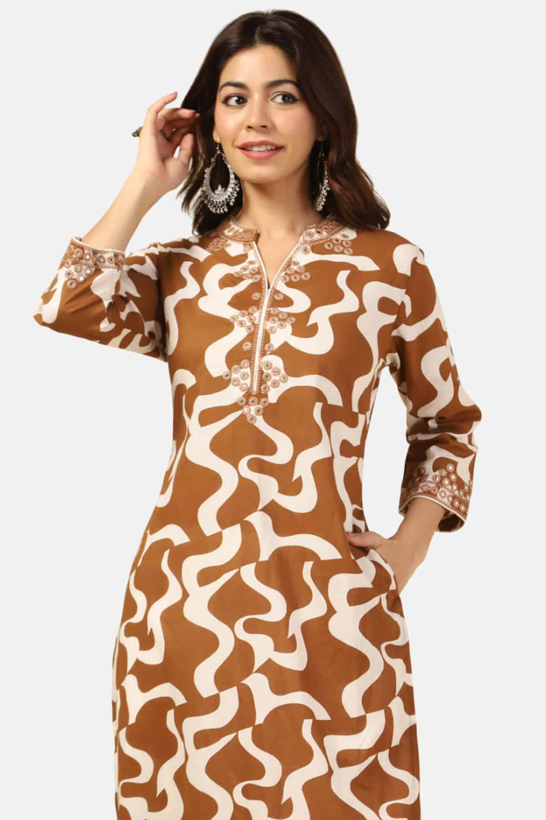 Brown &amp; White Embroidered Mandarin Collar Kurti