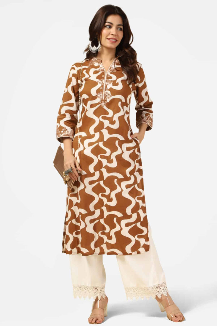 Brown &amp; White Embroidered Mandarin Collar Kurti