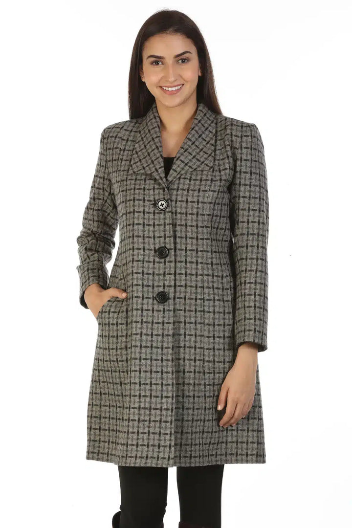 Woolen Check Over Coat with Wing Collar (Grey)