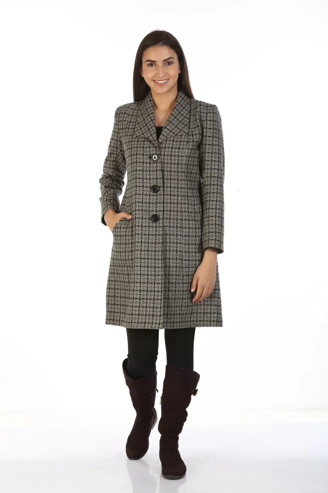 Woolen Check Over Coat with Wing Collar (Grey)