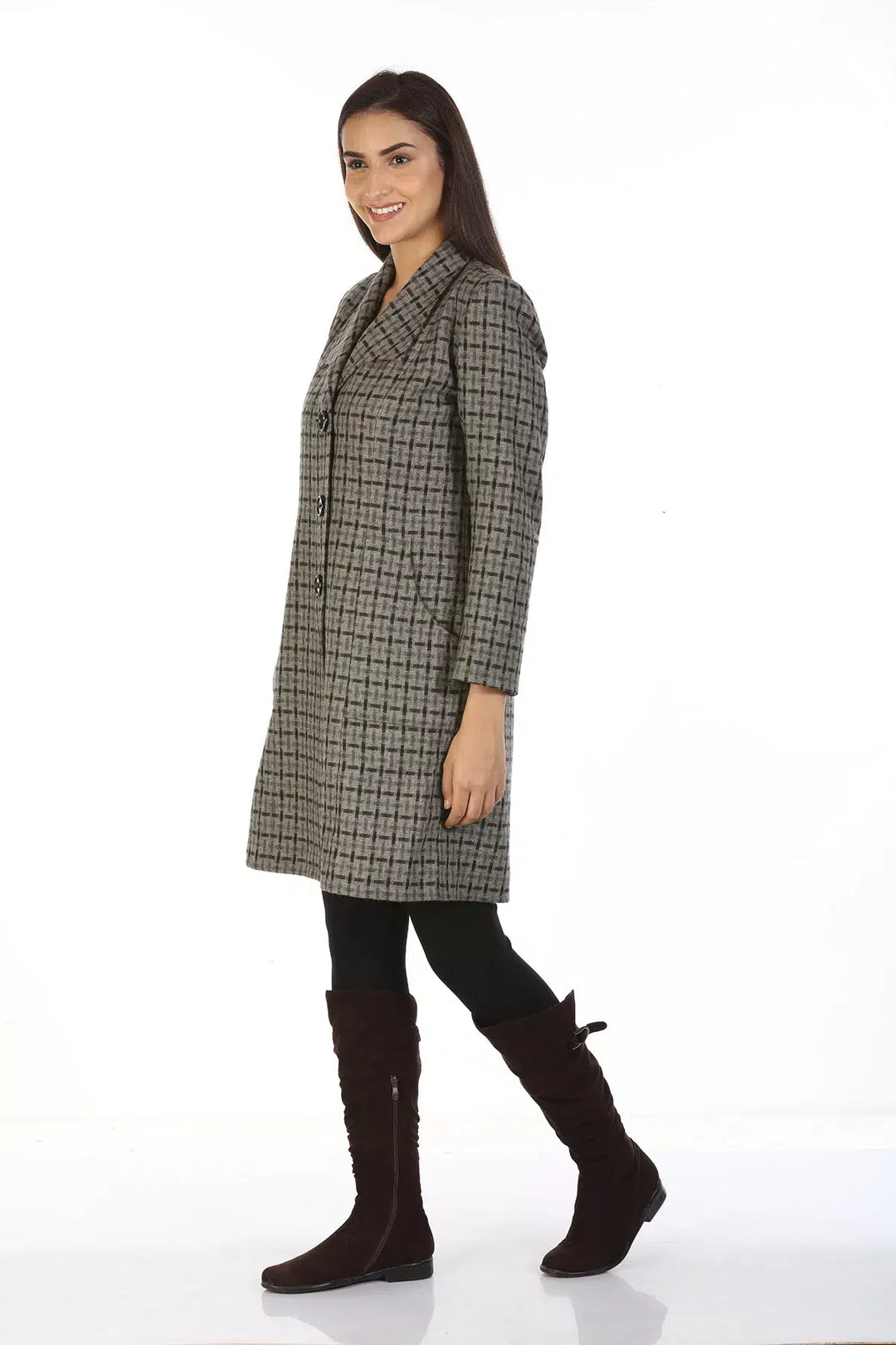 Woolen Check Over Coat with Wing Collar (Grey)