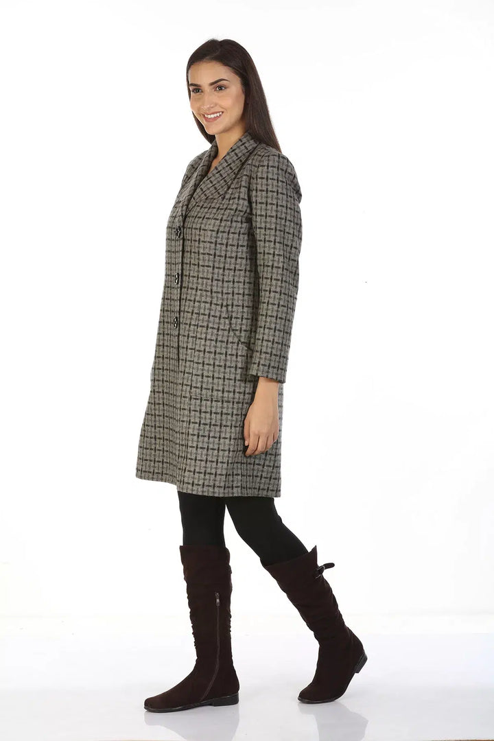 Woolen Check Over Coat with Wing Collar (Grey)