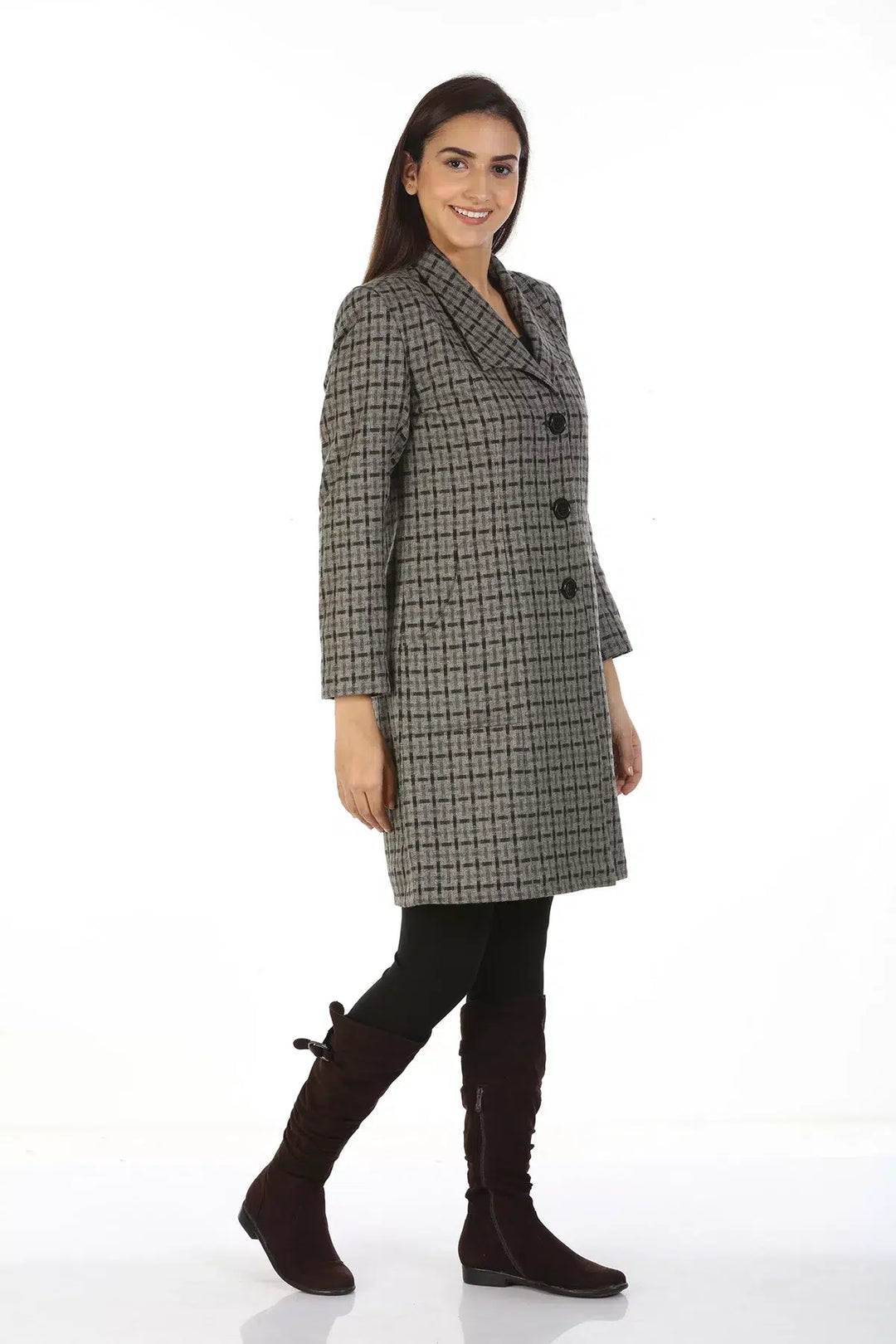 Woolen Check Over Coat with Wing Collar (Grey)
