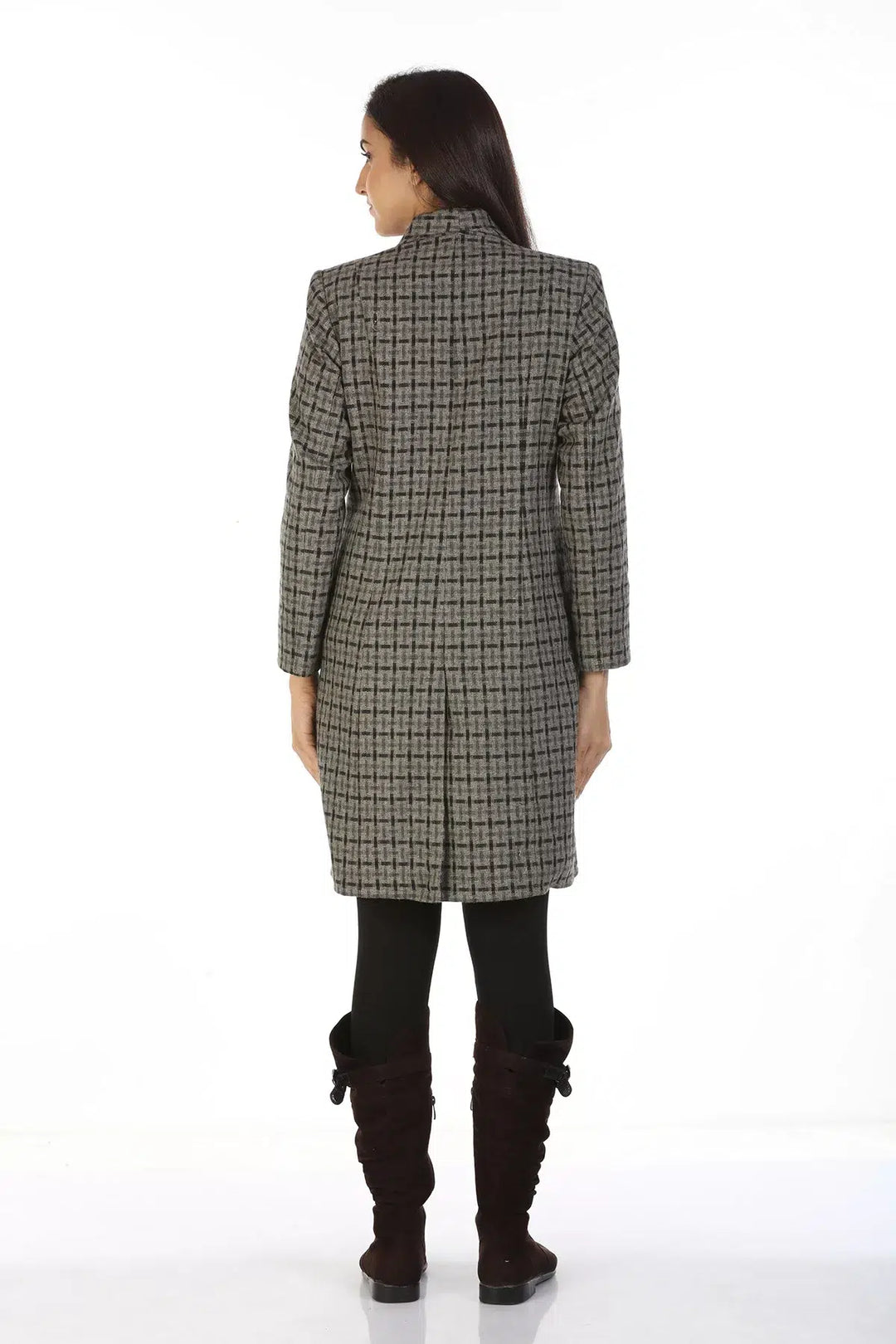 Woolen Check Over Coat with Wing Collar (Grey)