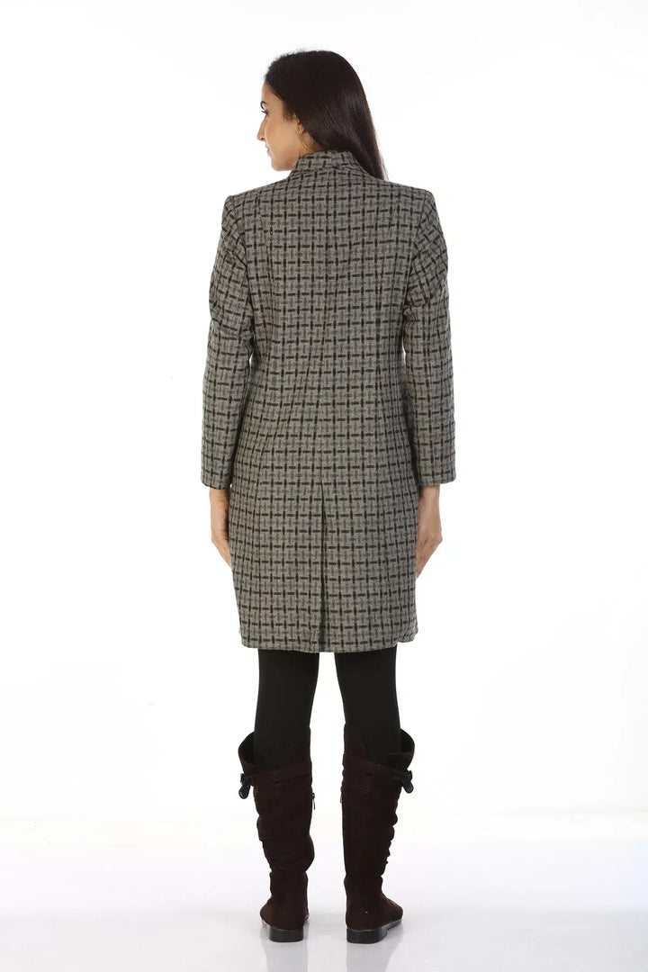 Woolen Check Over Coat with Wing Collar (Grey)