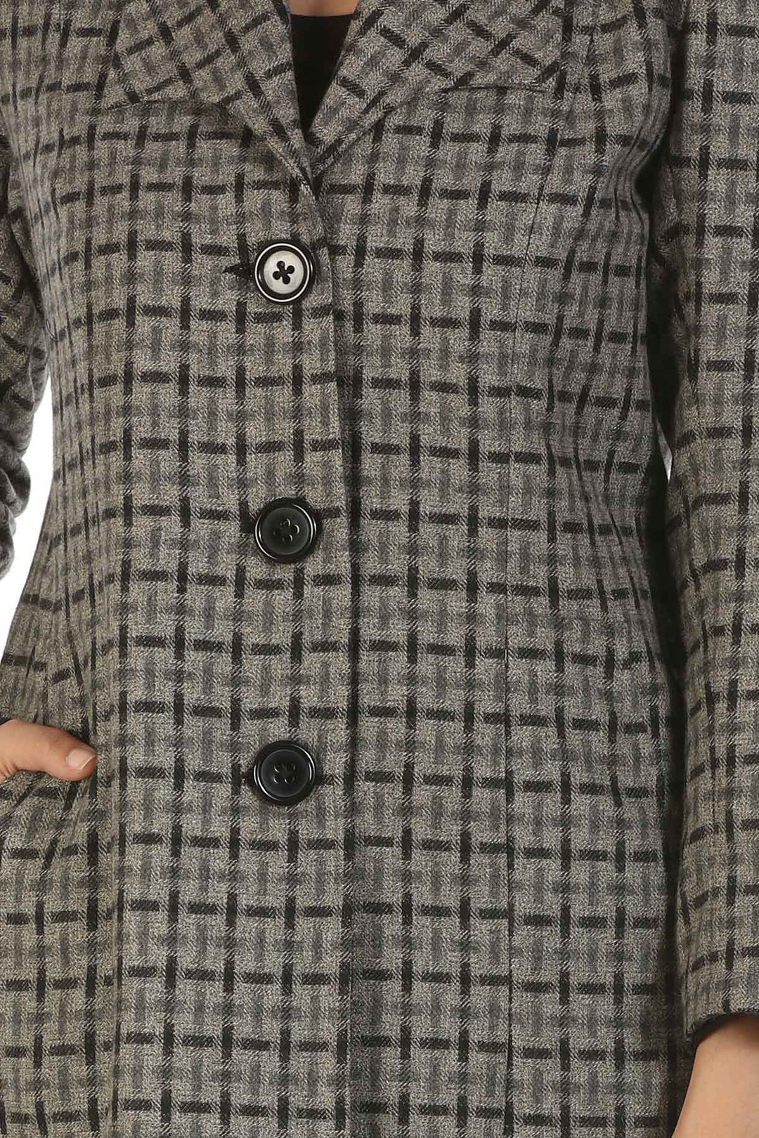 Woolen Check Over Coat with Wing Collar (Grey)