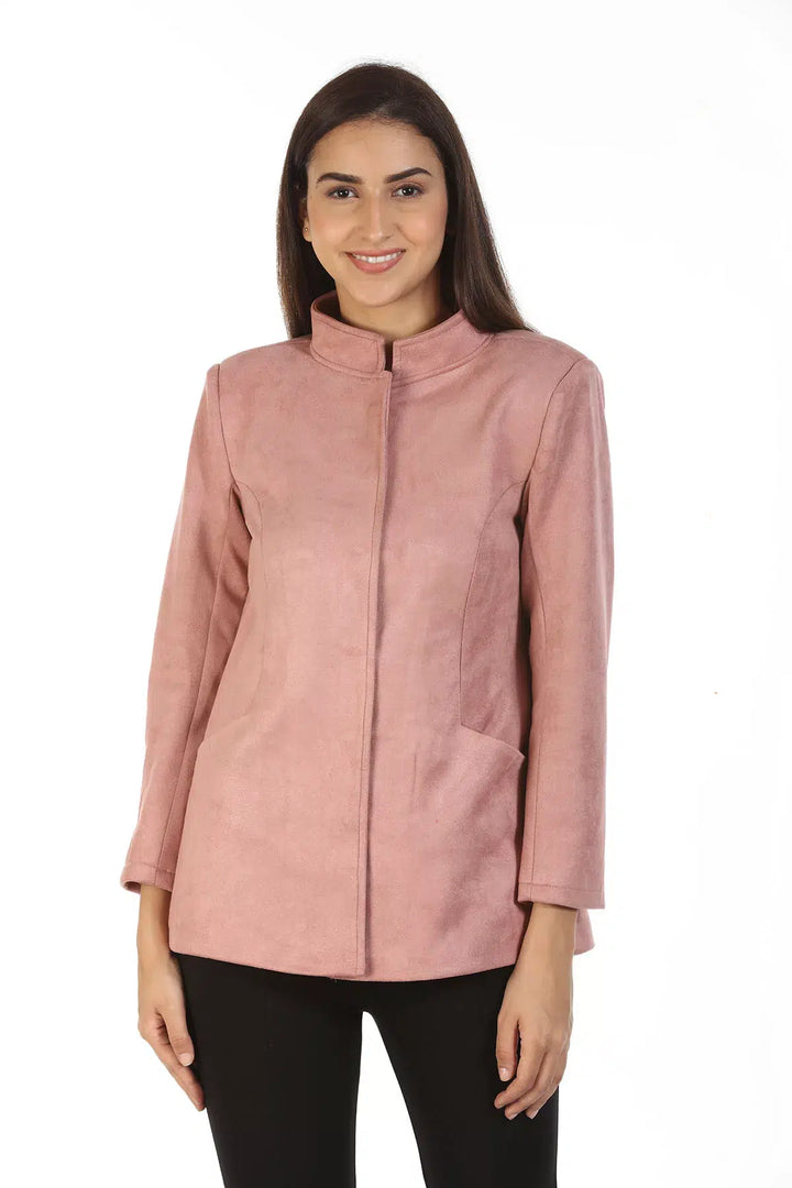 Suede Solid Jacket with Standing Collar (Pink)