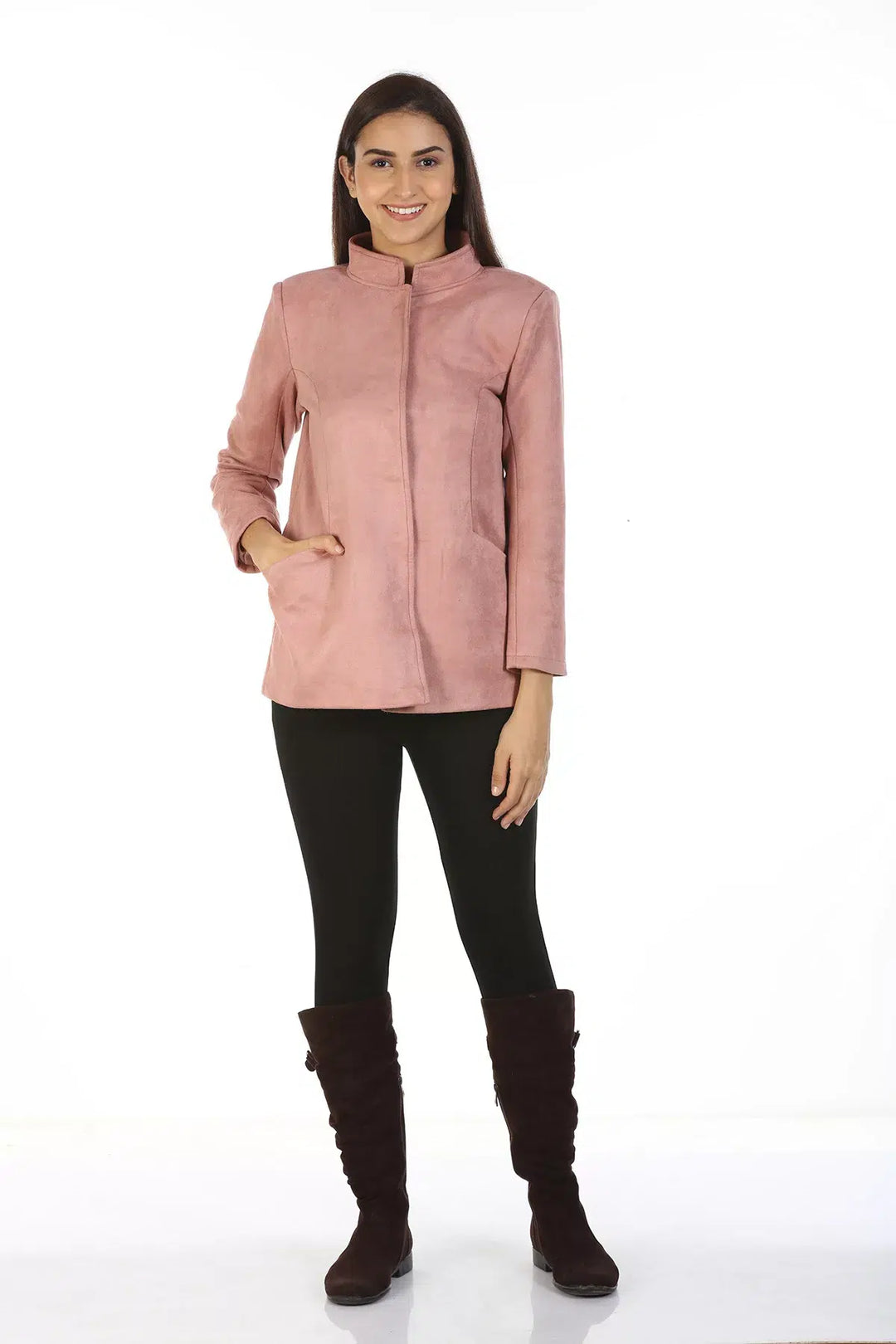 Suede Solid Jacket with Standing Collar (Pink)