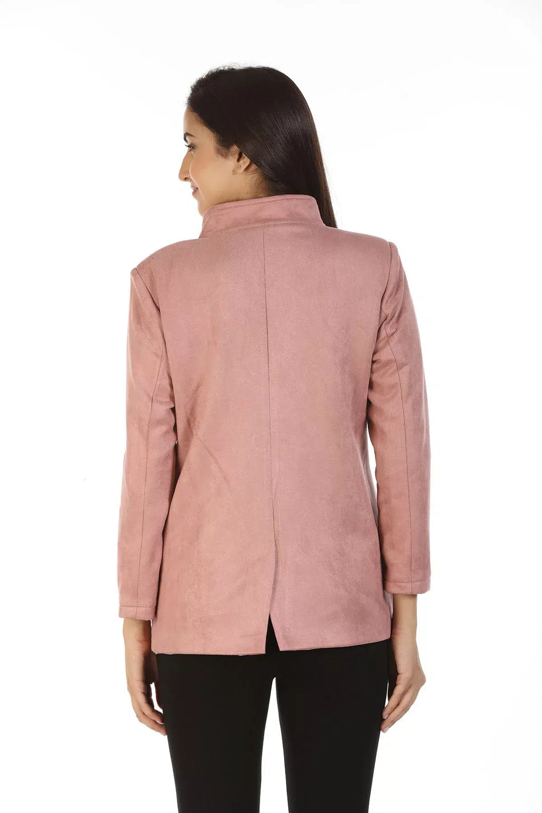 Suede Solid Jacket with Standing Collar (Pink)