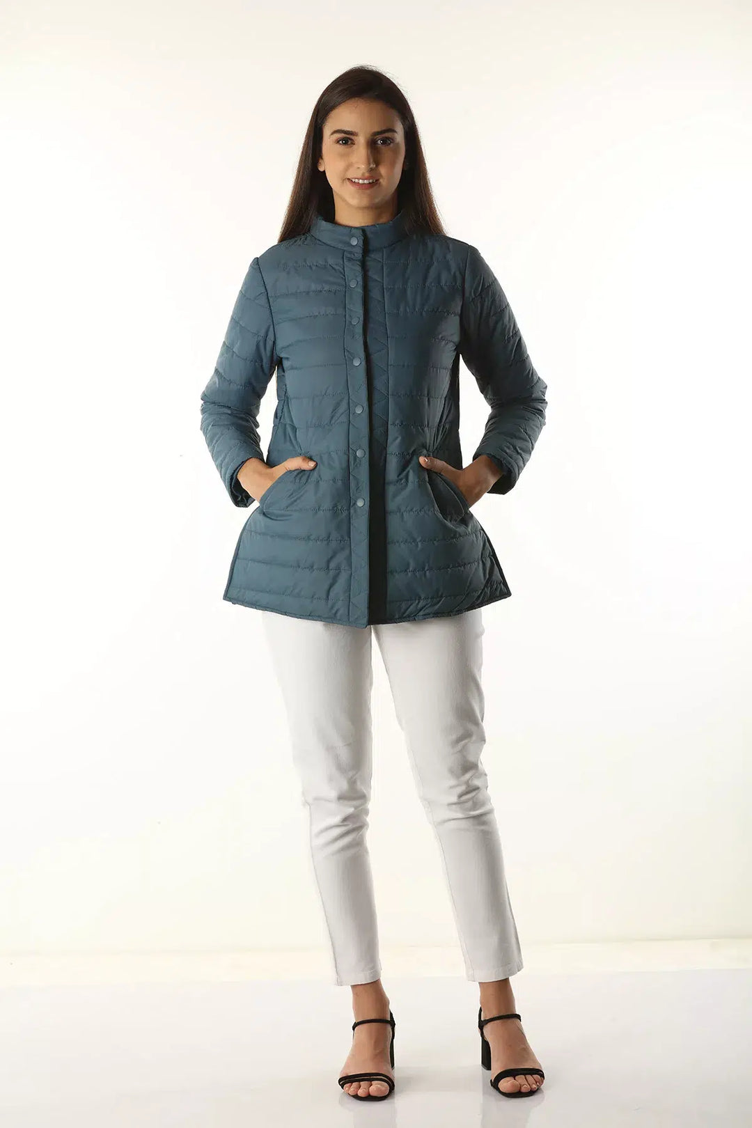 Polyester Winter Jacket with Standing Collar (Blue)