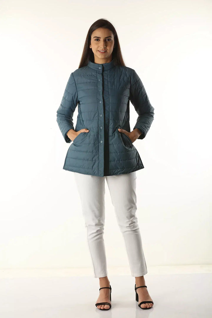 Polyester Winter Jacket with Standing Collar (Blue)