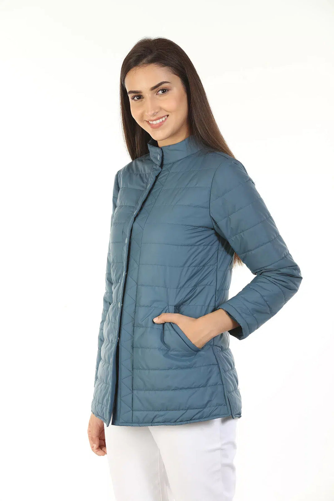 Polyester Winter Jacket with Standing Collar (Blue)