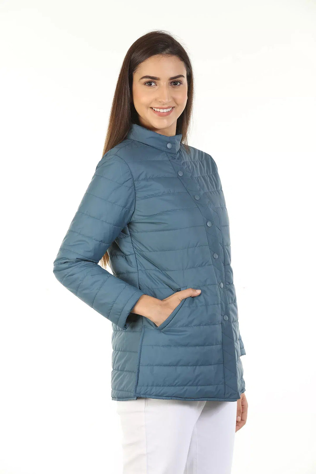 Polyester Winter Jacket with Standing Collar (Blue)