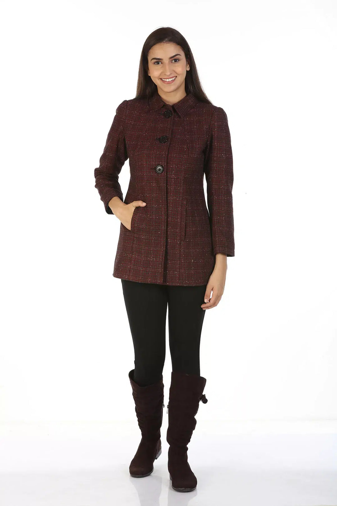 Woolen Check Winter Jacket with Shirt Collar (Maroon)