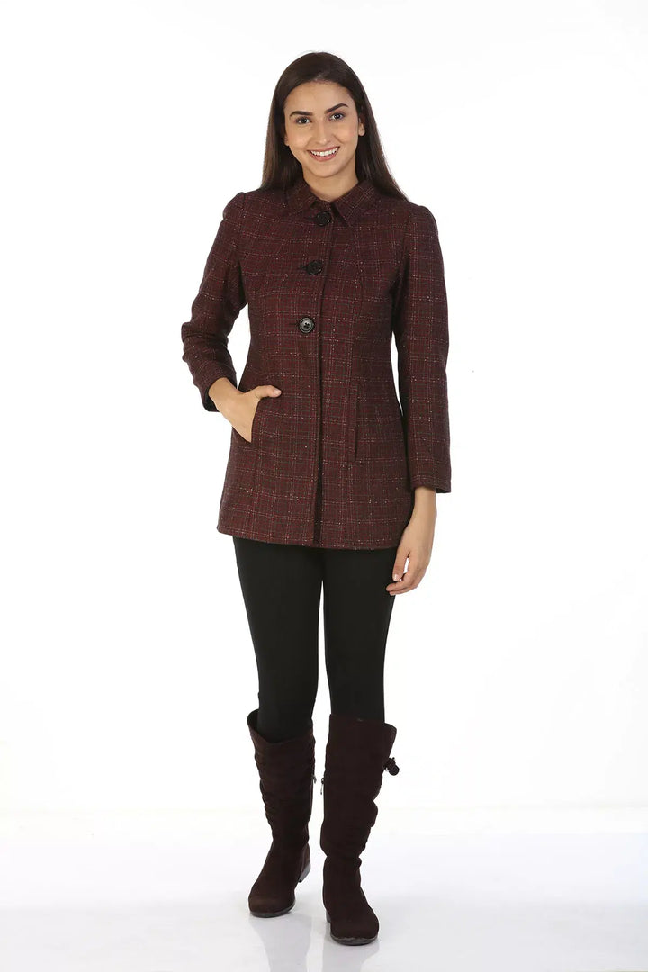 Woolen Check Winter Jacket with Shirt Collar (Maroon)