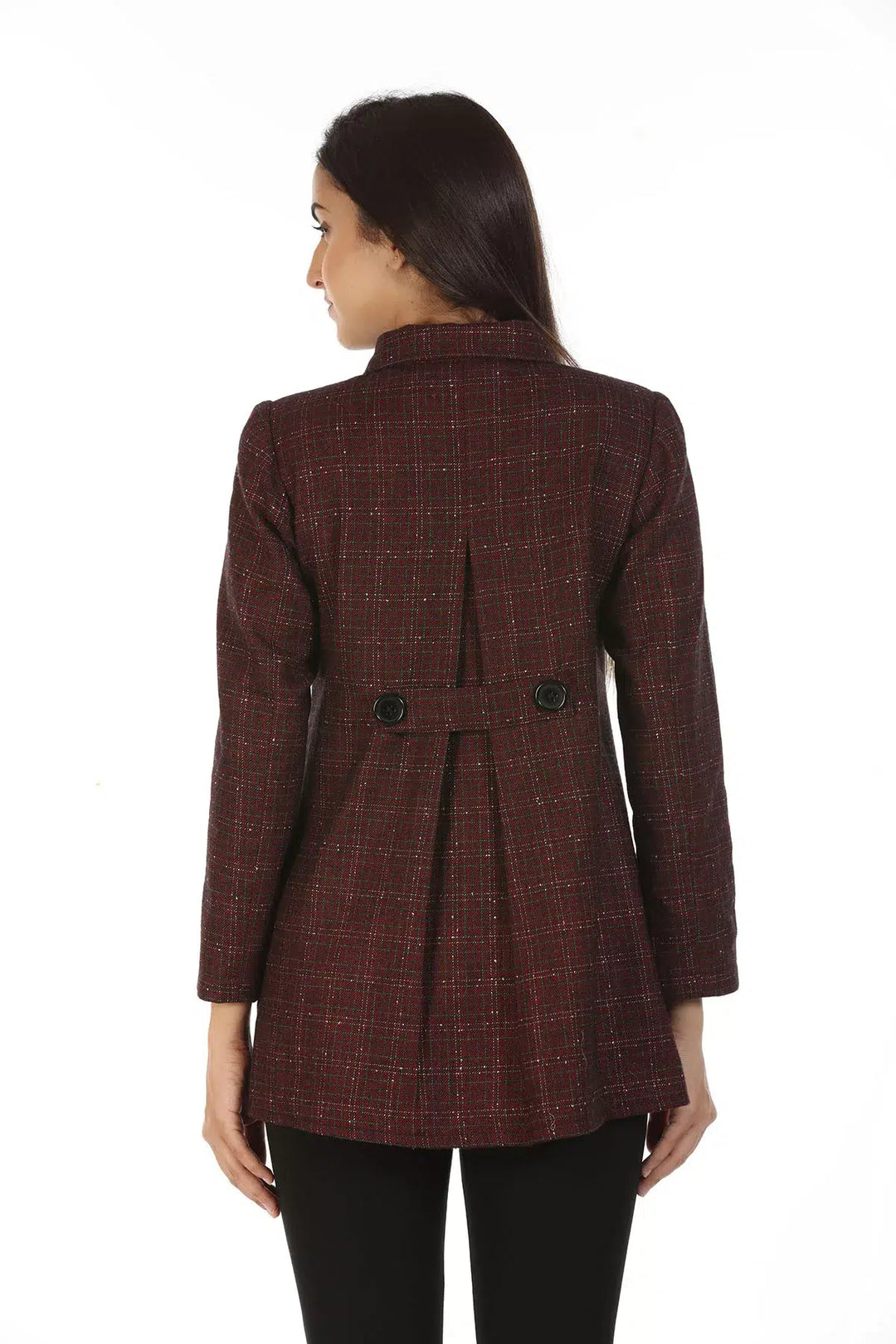 Woolen Check Winter Jacket with Shirt Collar (Maroon)