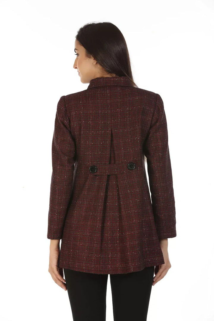 Woolen Check Winter Jacket with Shirt Collar (Maroon)