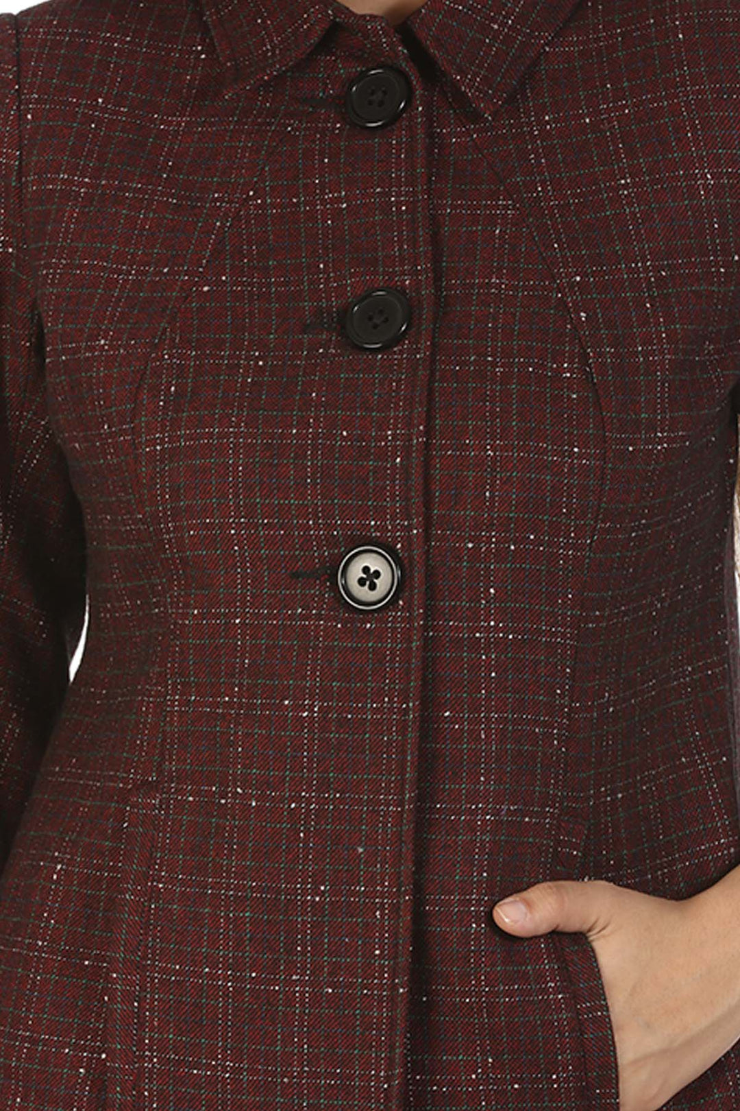 Woolen Check Winter Jacket with Shirt Collar (Maroon)