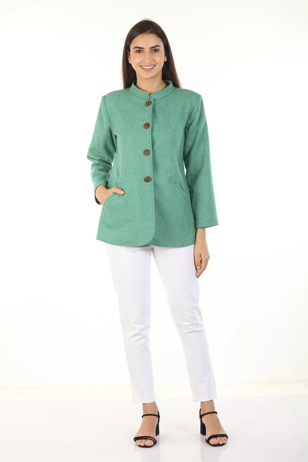 Woolen Winter Jacket with Standing Collar (Green)