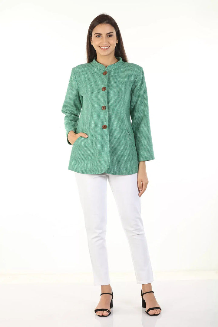 Woolen Winter Jacket with Standing Collar (Green)