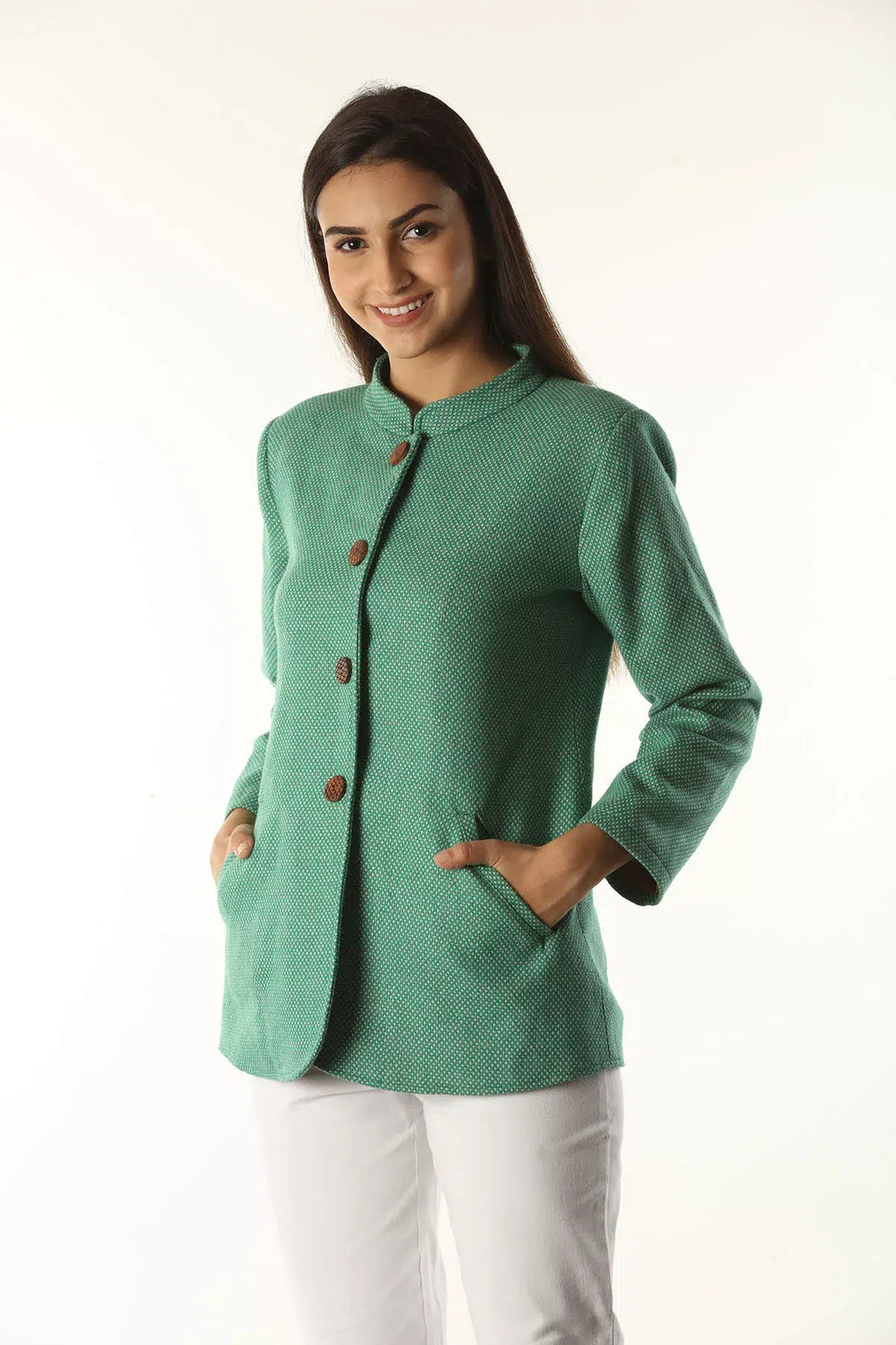 Woolen Winter Jacket with Standing Collar (Green)