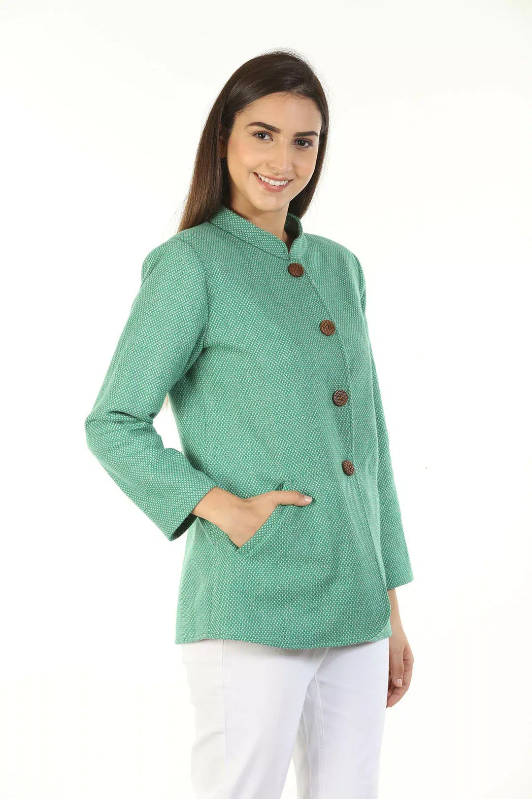 Woolen Winter Jacket with Standing Collar (Green)