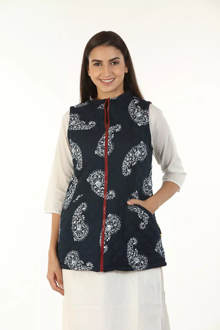 Rayon Pleece Printed Reversible Jacket with Standing Collar (Blue)