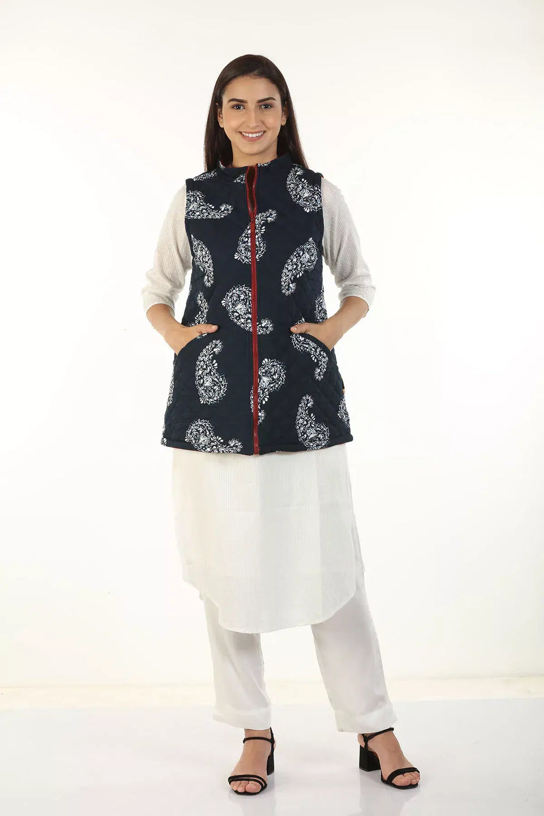 Rayon Pleece Printed Reversible Jacket with Standing Collar (Blue)
