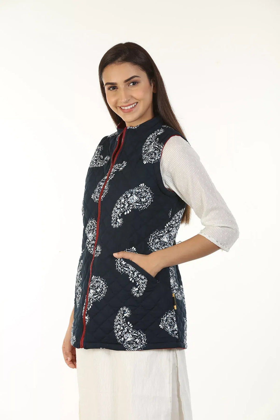 Rayon Pleece Printed Reversible Jacket with Standing Collar (Blue)