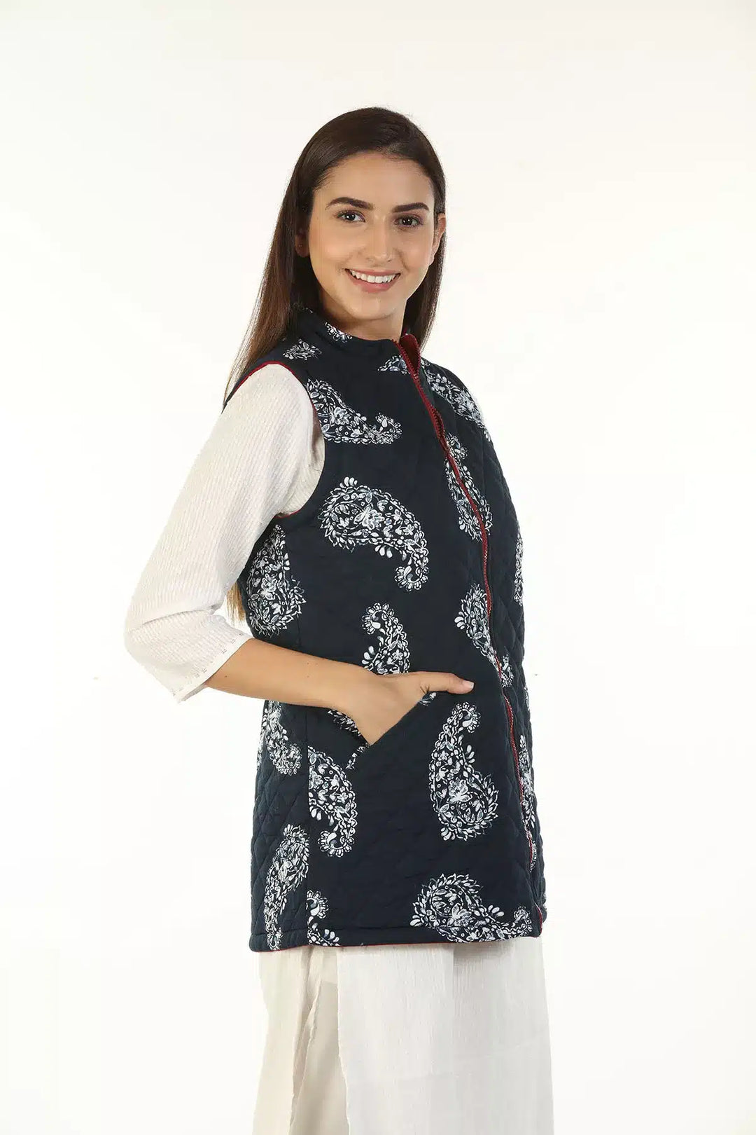 Rayon Pleece Printed Reversible Jacket with Standing Collar (Blue)