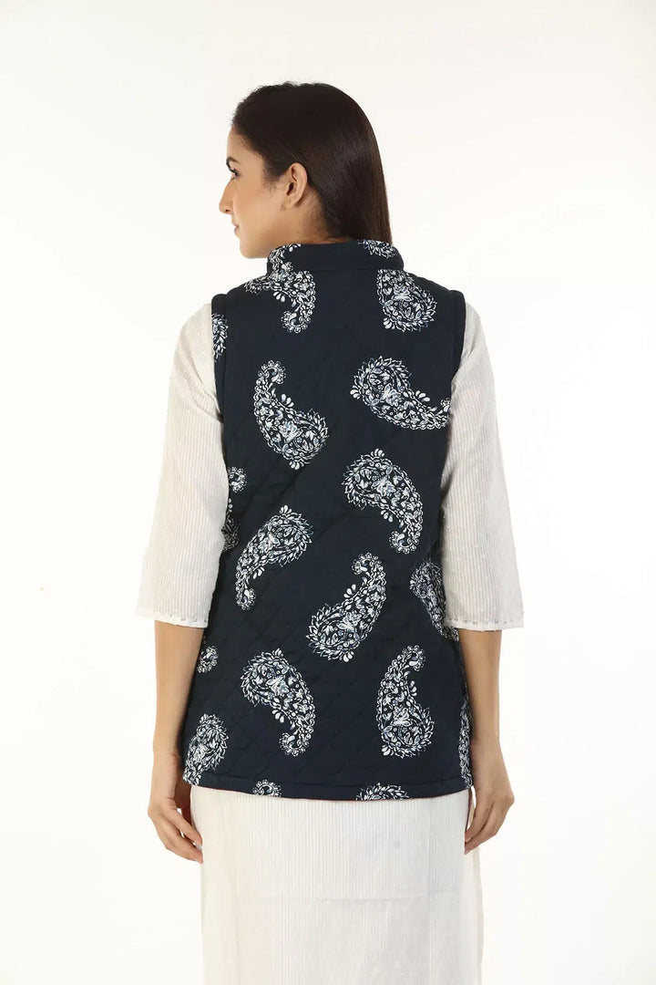 Rayon Pleece Printed Reversible Jacket with Standing Collar (Blue)