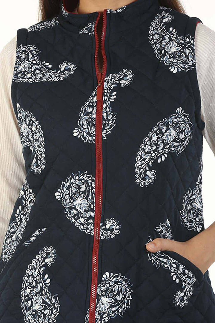 Rayon Pleece Printed Reversible Jacket with Standing Collar (Blue)