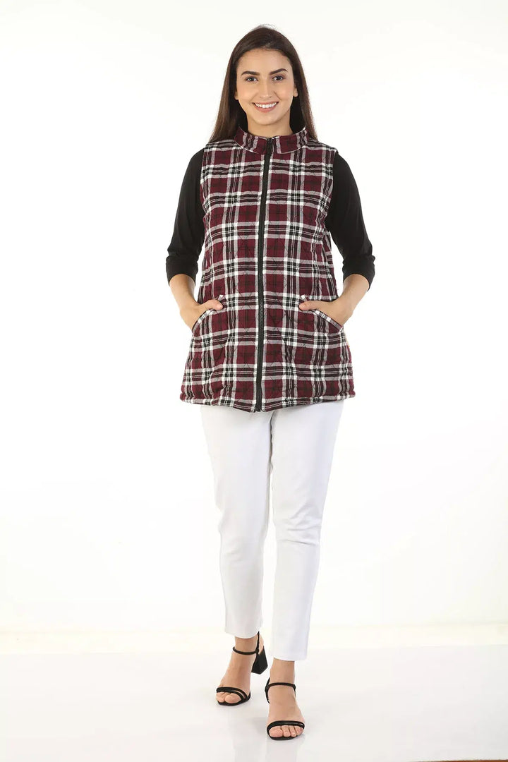 Twill Fleece Sleeveless Check Winter Reversible Jacket (Wine Red)