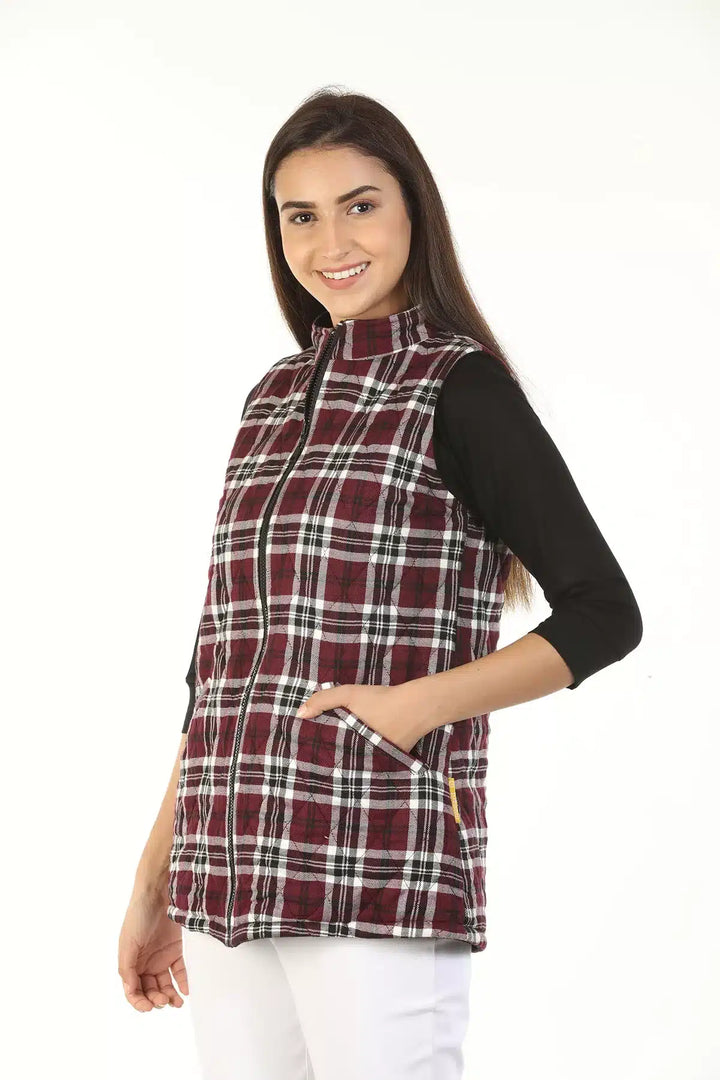 Twill Fleece Sleeveless Check Winter Reversible Jacket (Wine Red)