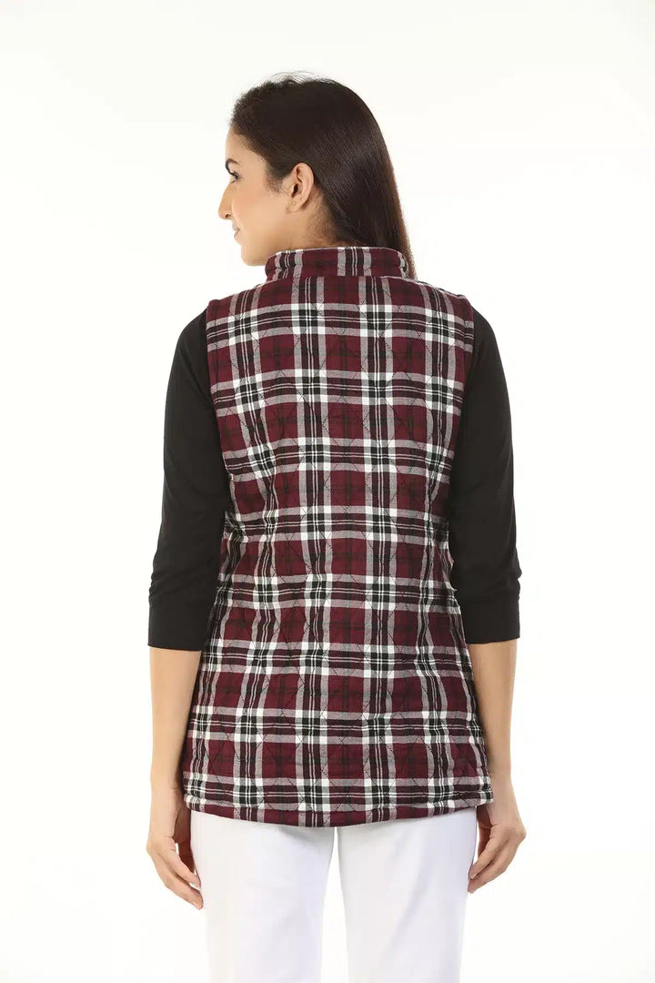 Twill Fleece Sleeveless Check Winter Reversible Jacket (Wine Red)