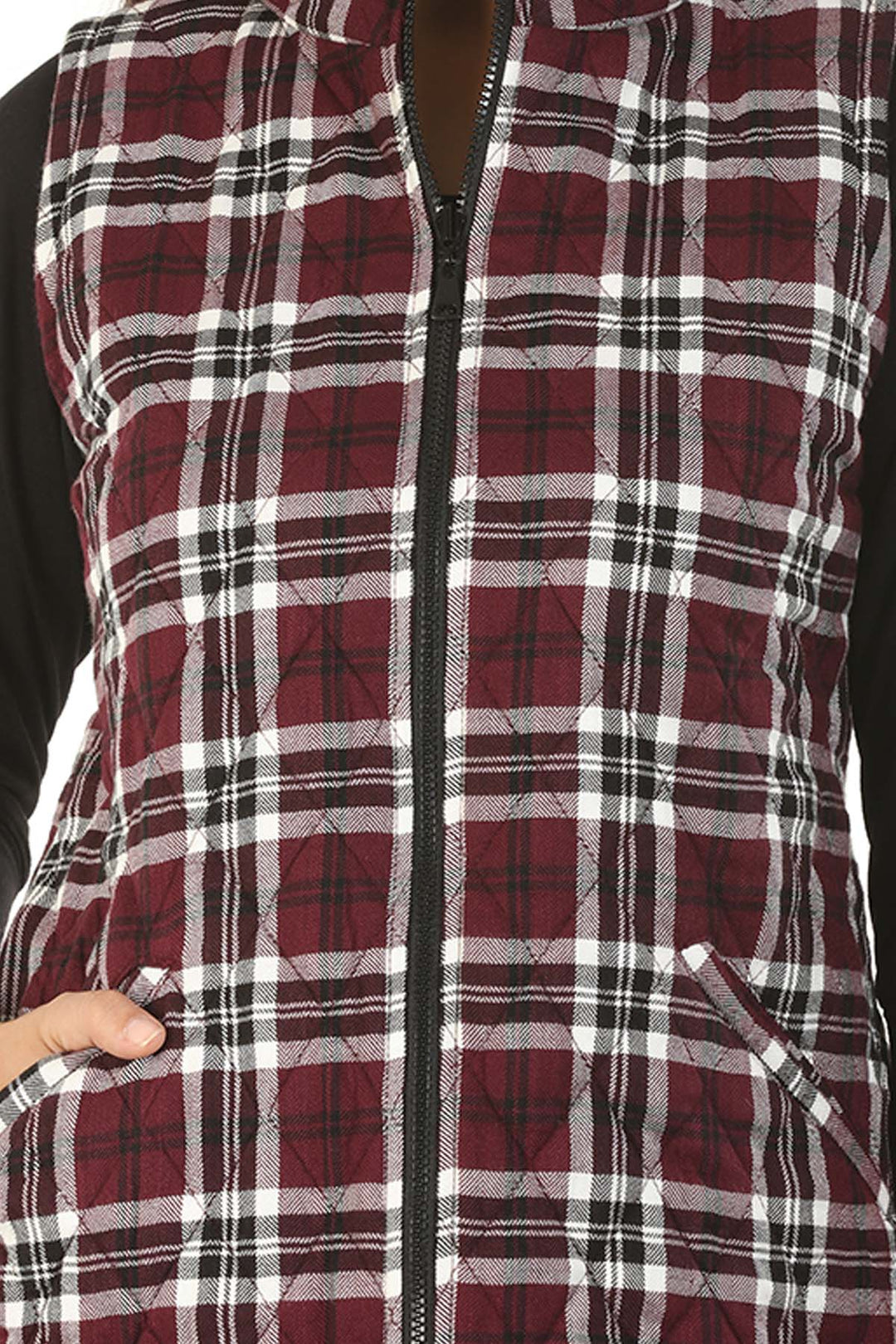 Twill Fleece Sleeveless Check Winter Reversible Jacket (Wine Red)